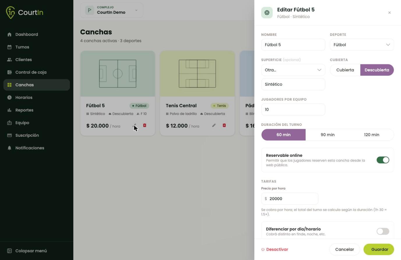 La ficha de una cancha. Todo lo que define cómo se vende ese espacio.