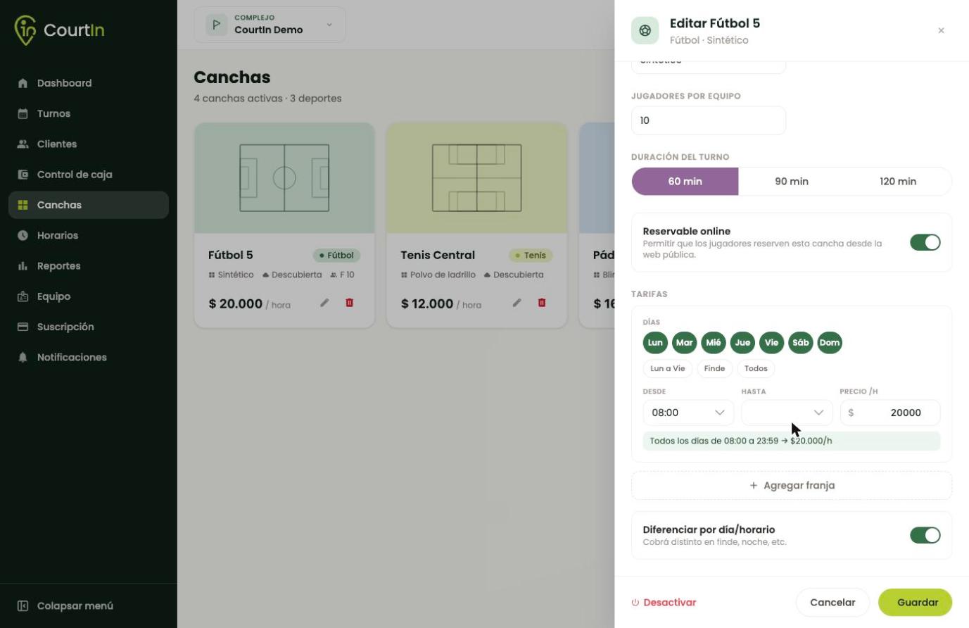 Con el interruptor prendido, cada franja es una combinación de días, horario y precio.