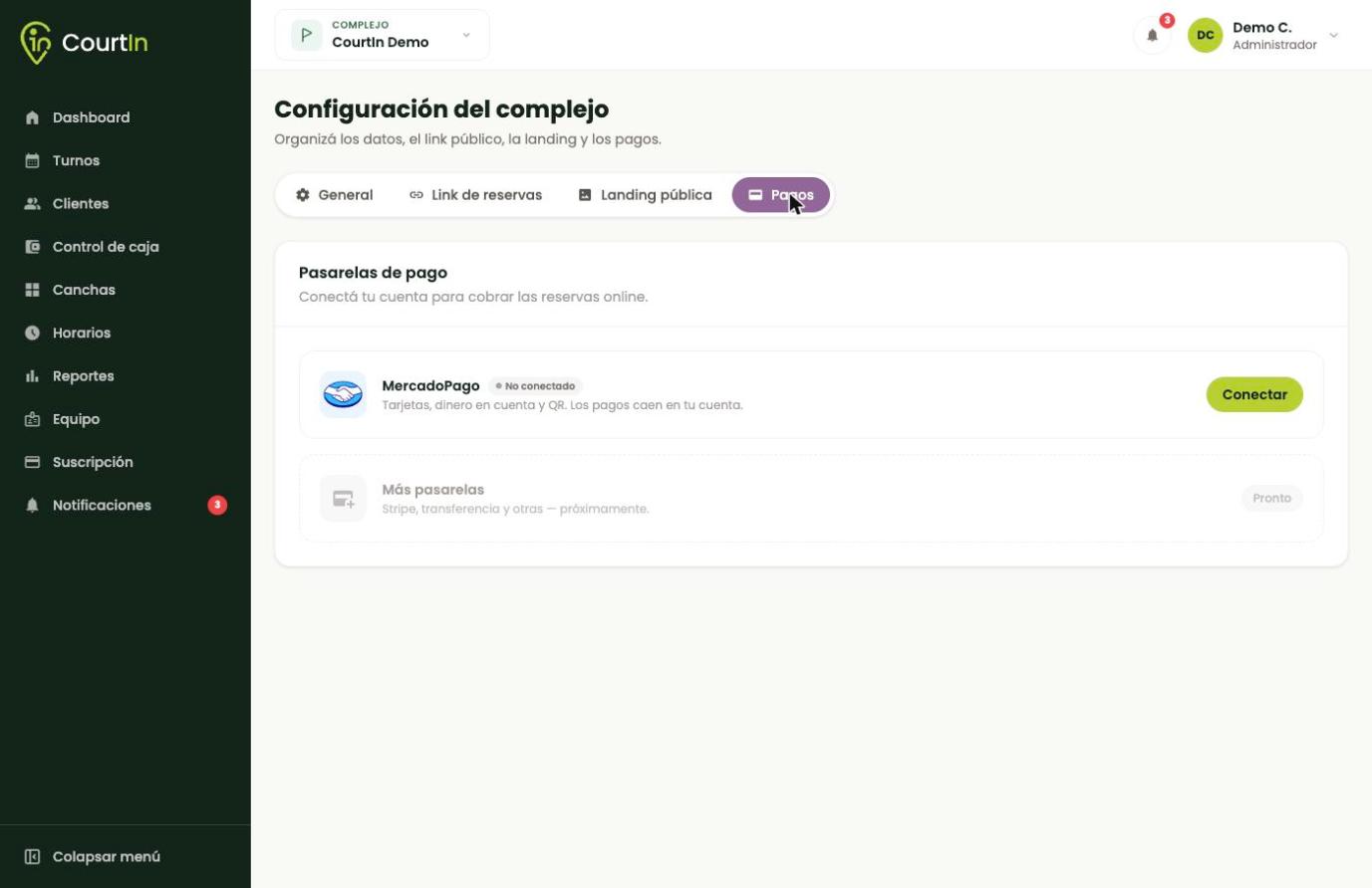 La solapa Pagos. MercadoPago aparece como "No conectado" hasta que lo vincules.