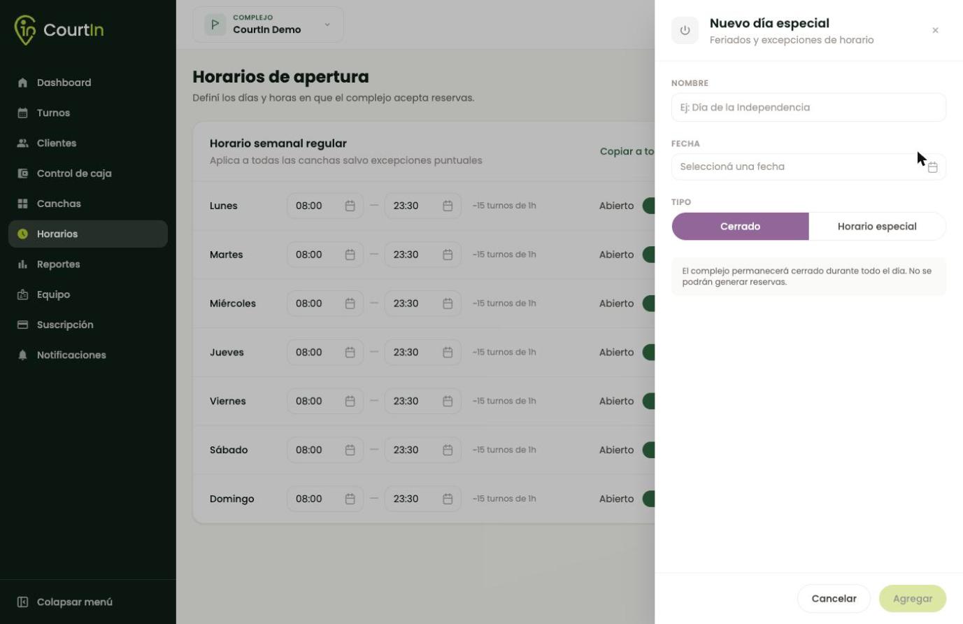 Un día especial puede ser un cierre total o un horario distinto.