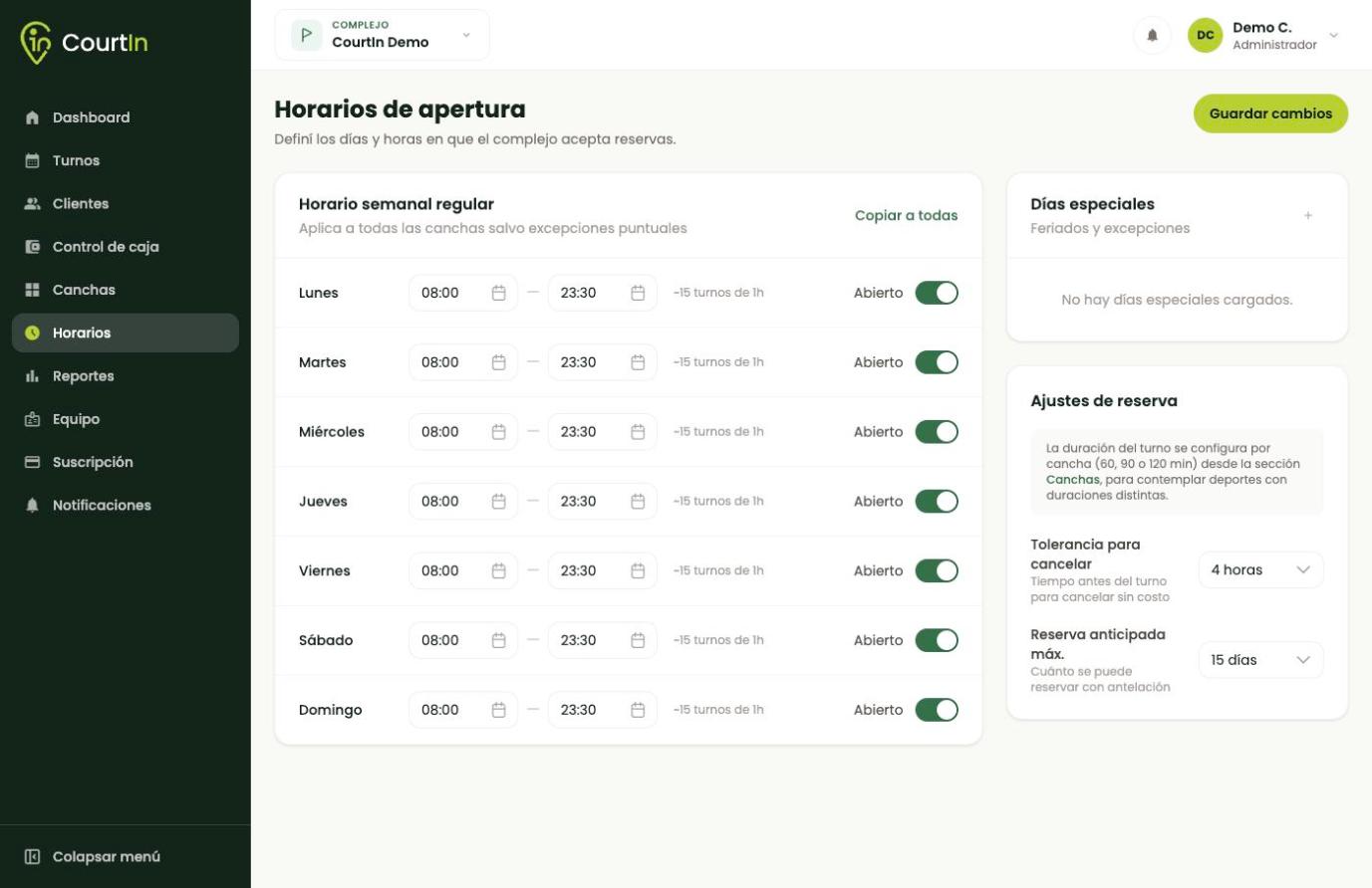 El horario semanal a la izquierda; las excepciones y los ajustes de reserva a la derecha.