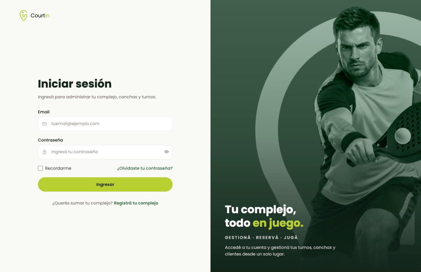 La pantalla de acceso al panel. Es distinta de la que usan tus clientes para reservar.