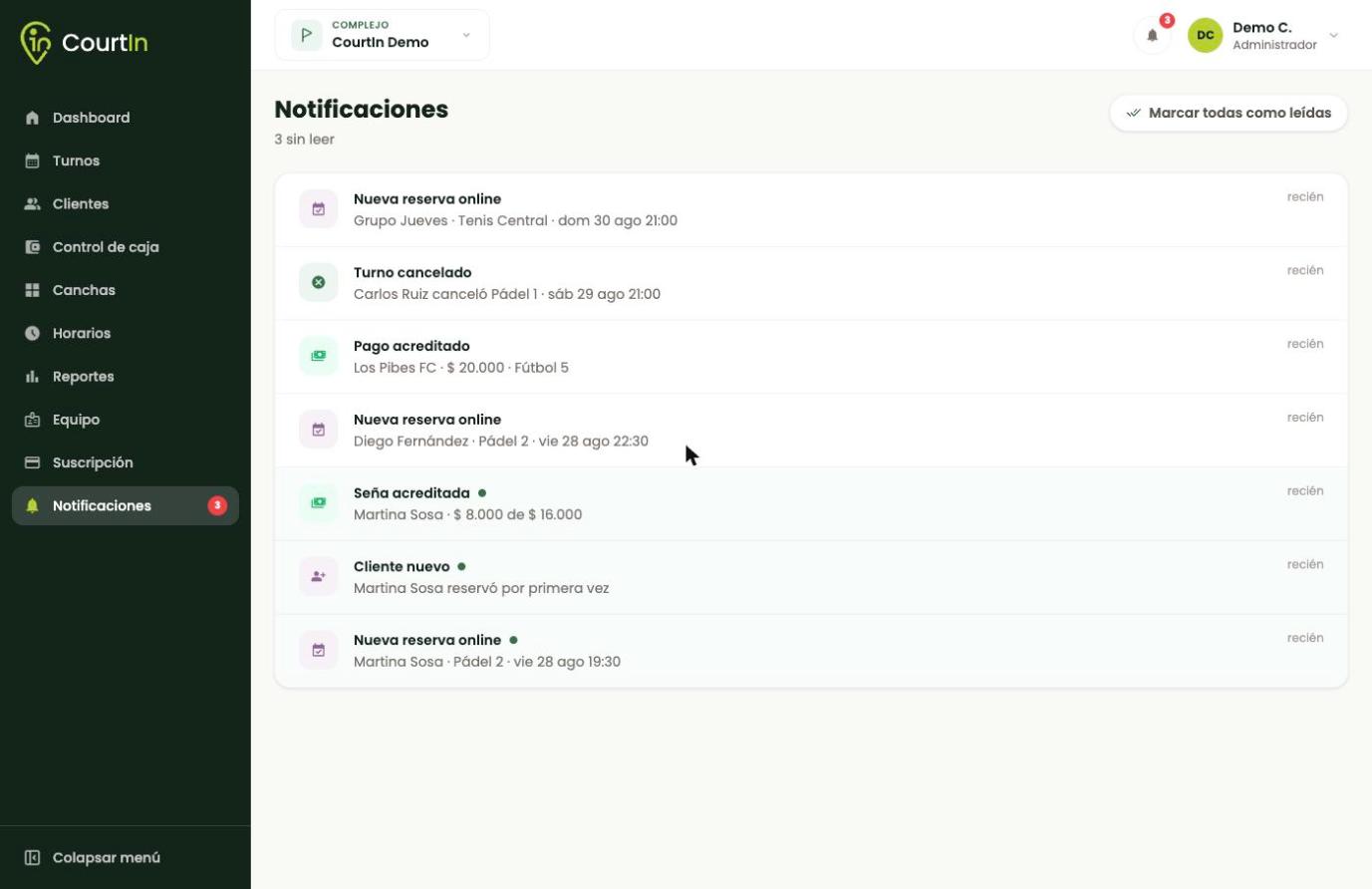 La campanita del encabezado lleva acá. El punto verde marca las que no leíste.