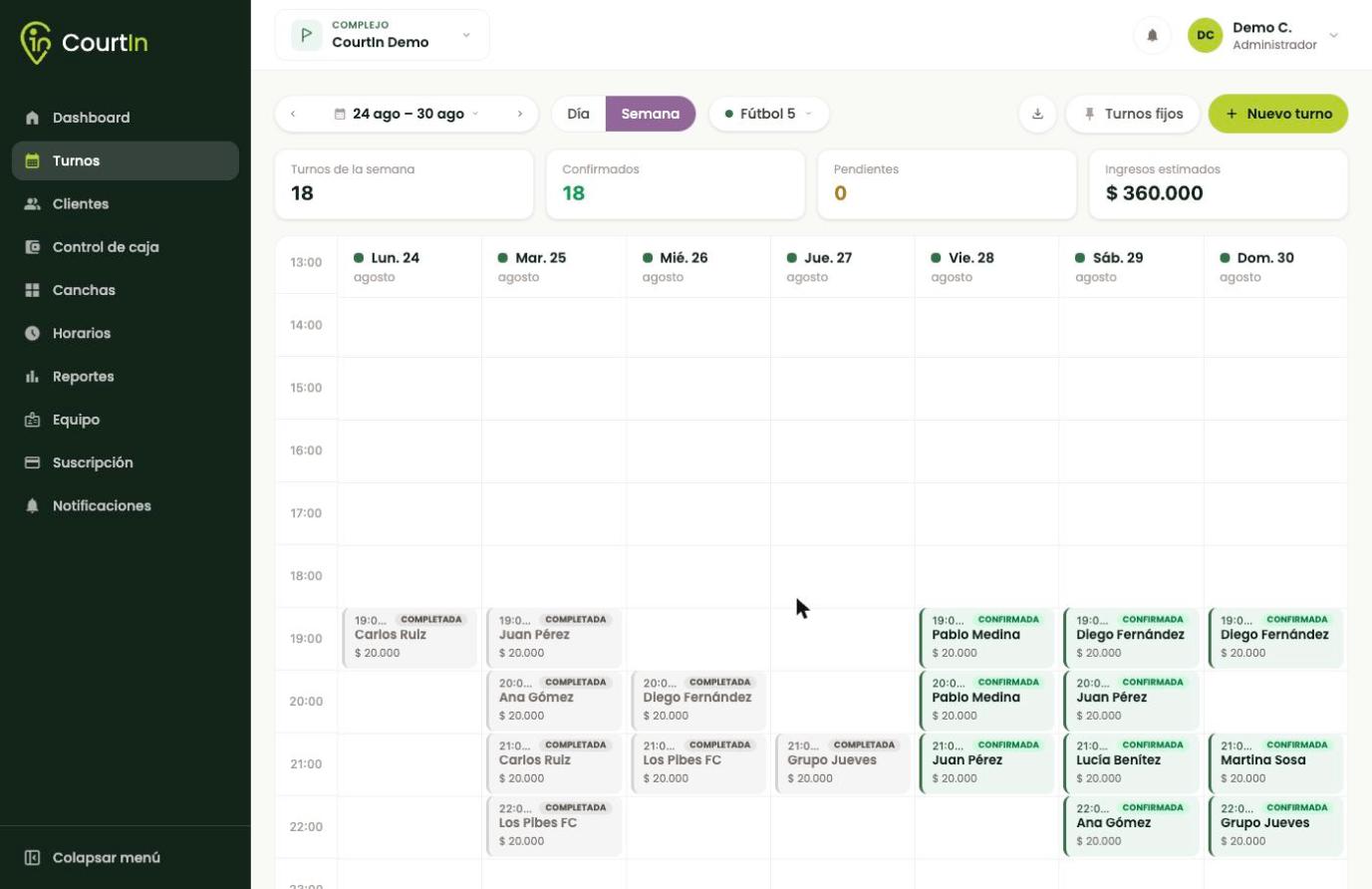 En vista semanal las columnas son los días de la semana, y arriba elegís de qué cancha.